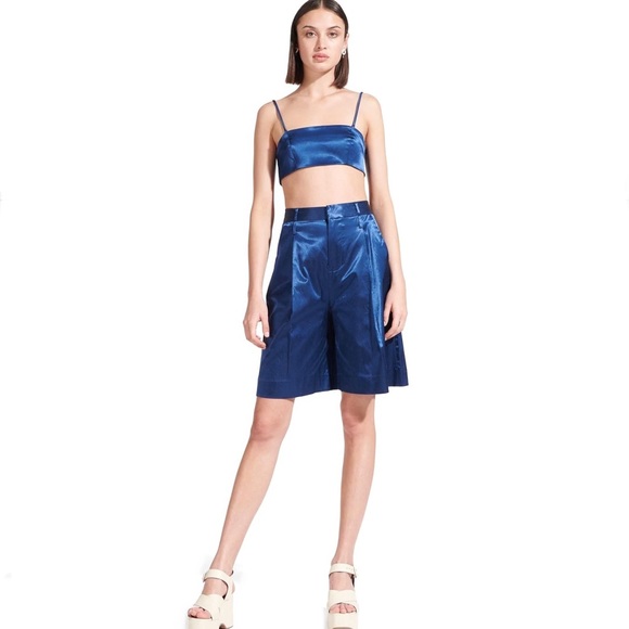 STAUD BLUE PLEATED SATIN BERMUDA SHORTS - Picture 10 of 11